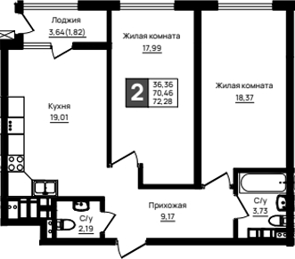 2-комн., 70.46 м², 10/18 этаж, ЖК «Резиденция морей»