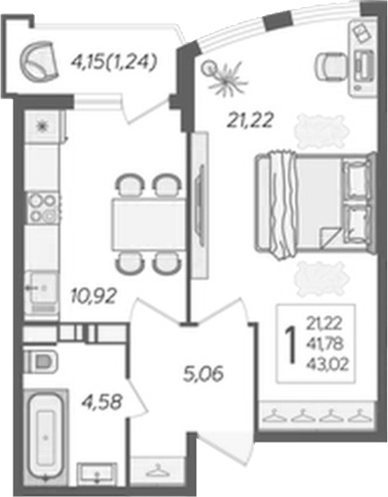 1-комн., 40.76 м², 2/20 этаж, ЖК «Альфа. АСК»
