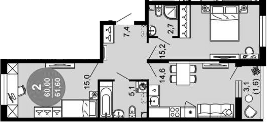 2-комн., 60 м², 1/12 этаж, ЖК «Флора»