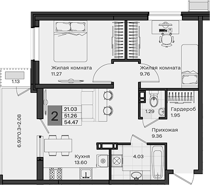 2-комн., 51.26 м², 8/8 этаж, ЖК «МОНО квартал»
