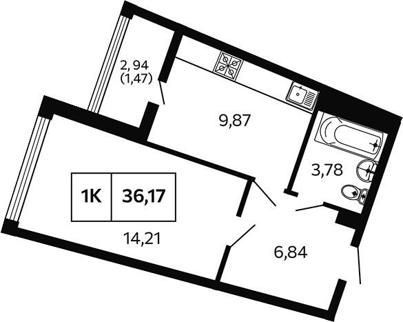 1-комн., 34.7 м², 7/9 этаж, ЖК «Отражение. Носта»