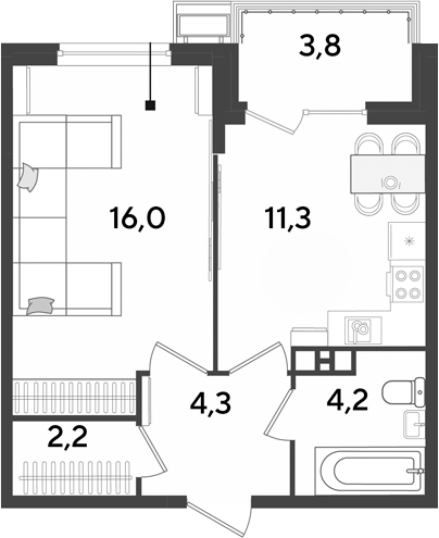 1-комн., 38 м², 7/9 этаж, ЖК «Парк Победы»