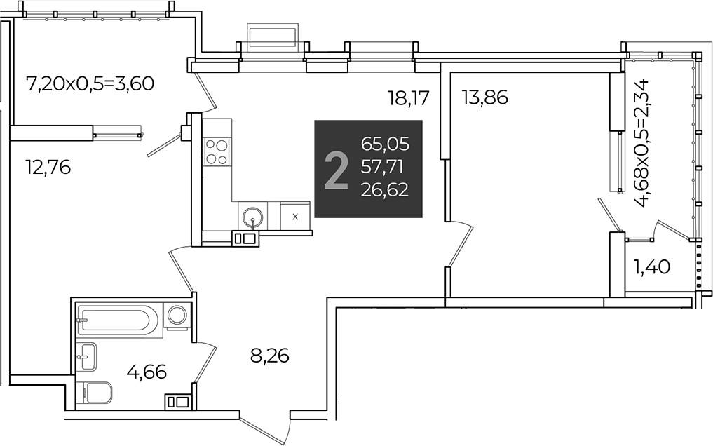 Продается 2-комн. квартира, 57.71 м²