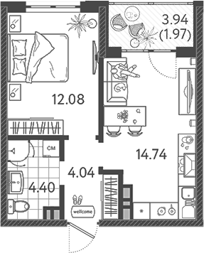 1-комн., 34.3 м², 2/9 этаж, ЖК «Друзья»