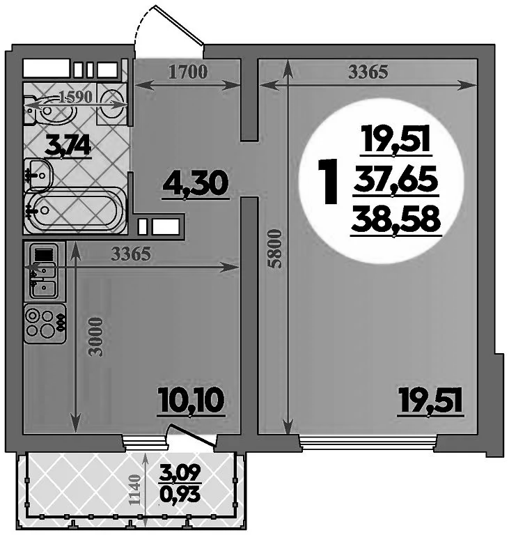 1-комн., 37.65 м², 7/16 этаж, ЖК «Город у моря»