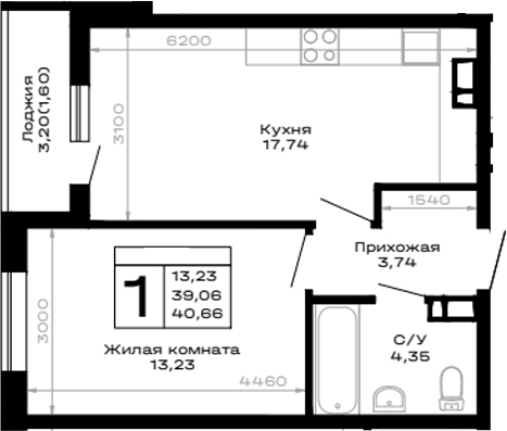 1-комн., 39.06 м², 2/14 этаж, ЖК «Горные высоты»