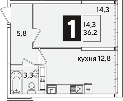 1-комн., 36.2 м², 16/16 этаж, ЖК «Самолет»