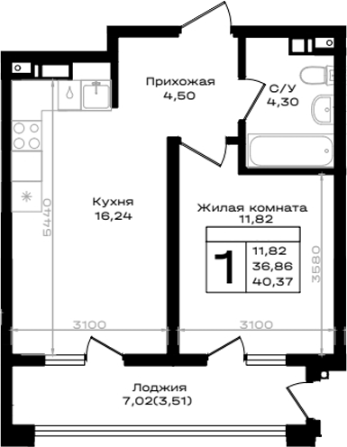 1-комн., 36.86 м², 9/9 этаж, ЖК «ЮЖНО»