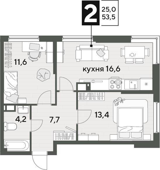 2-комн., 53.5 м², 13/16 этаж, ЖК «DОГМА ПАРК»