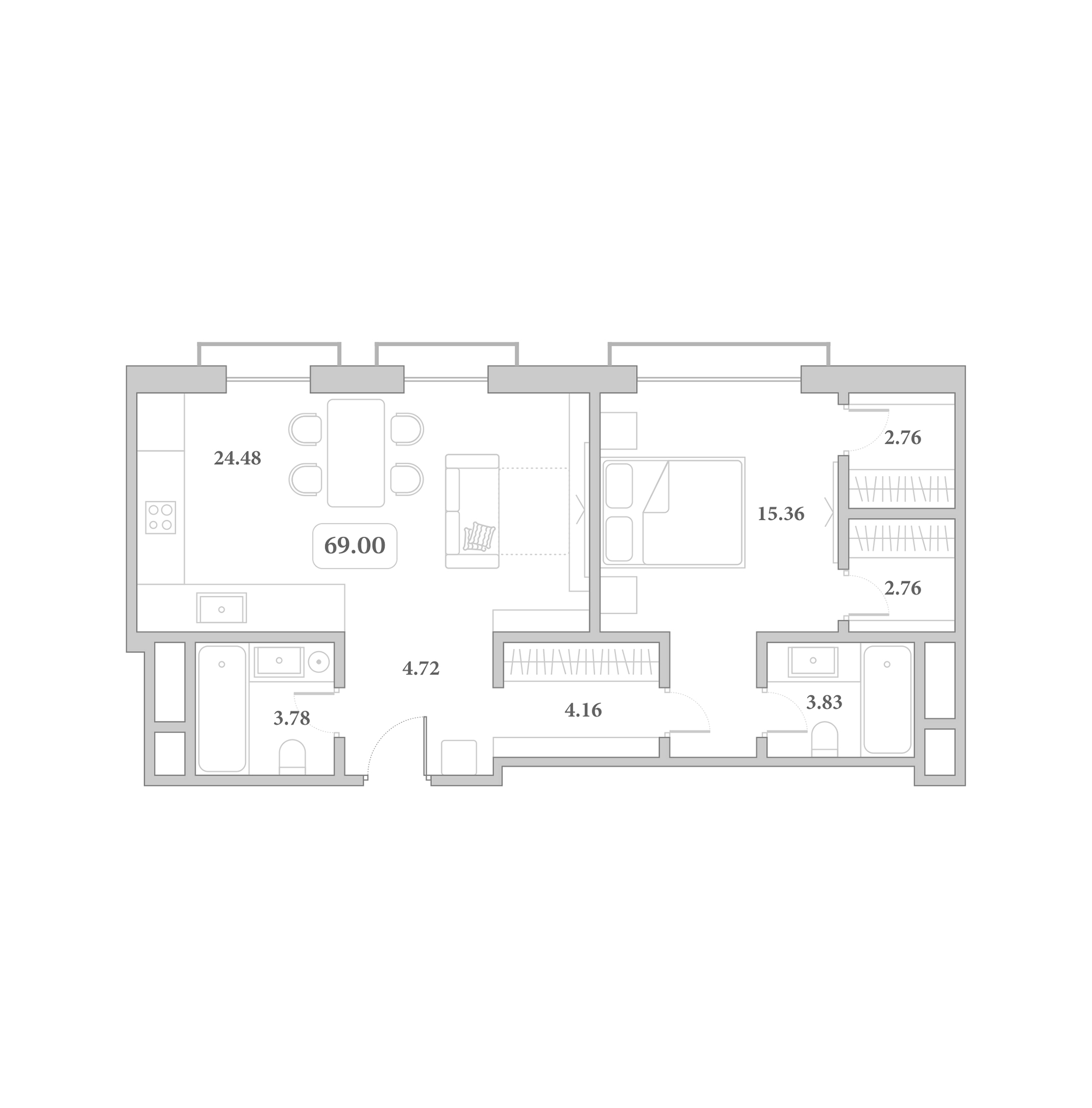 2-комн., 64.2 м², 3/7 этаж, ЖК «Граф Толстой»