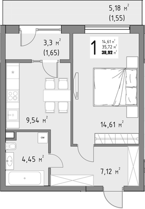 Продается 1-комн. квартира, 35.72 м²