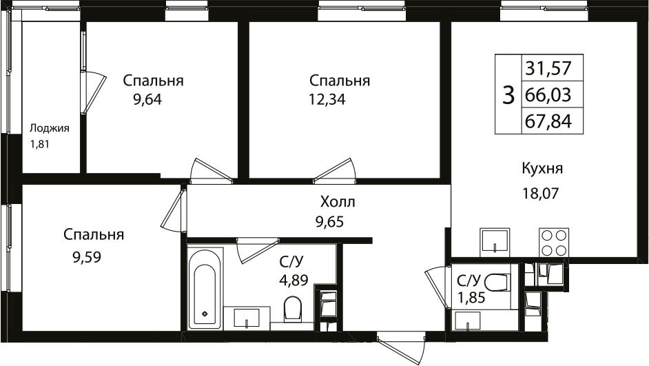 4+ комнаты, 66.03 м², 3/12 этаж, ЖК «Патрики»
