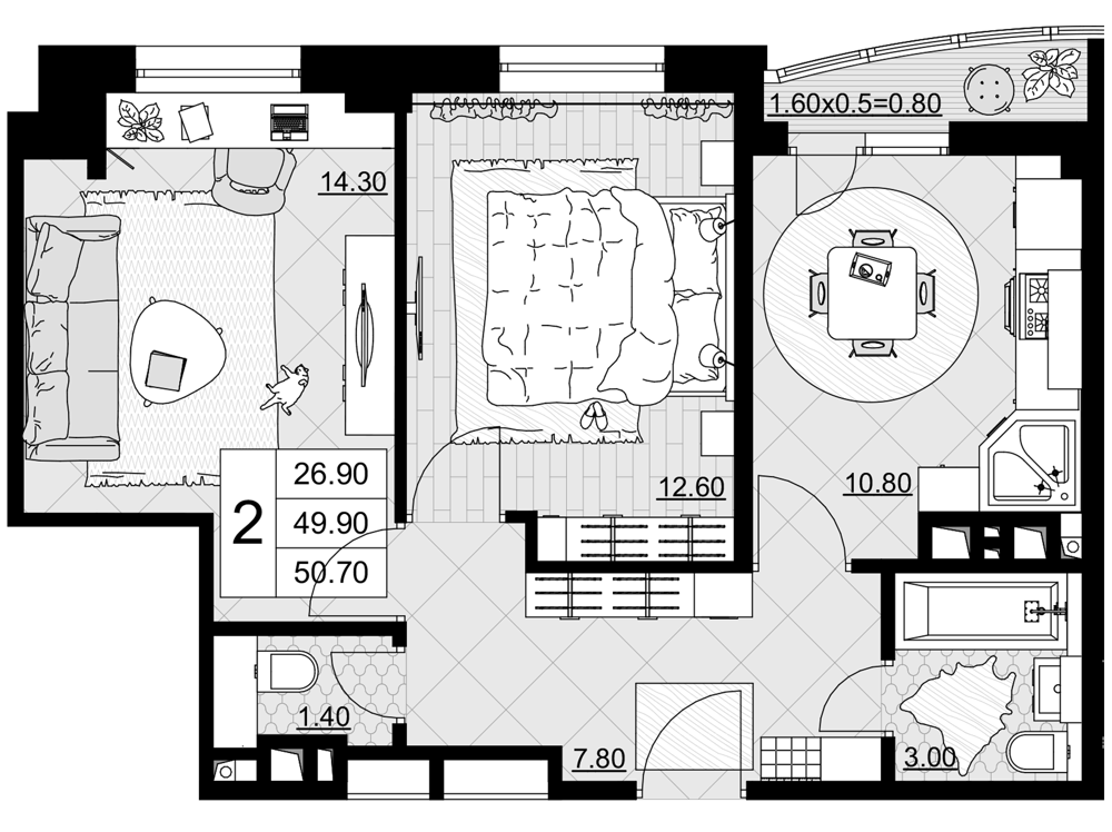 2-комн., 49.9 м², 5/9 этаж, ЖК «Песчаный»