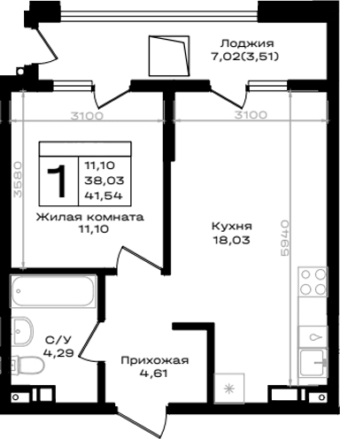 Продается 1-комн. квартира, 38.03 м²