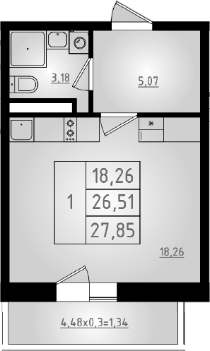 Студия, 26.51 м², 3/8 этаж, ЖК «Мега 2»