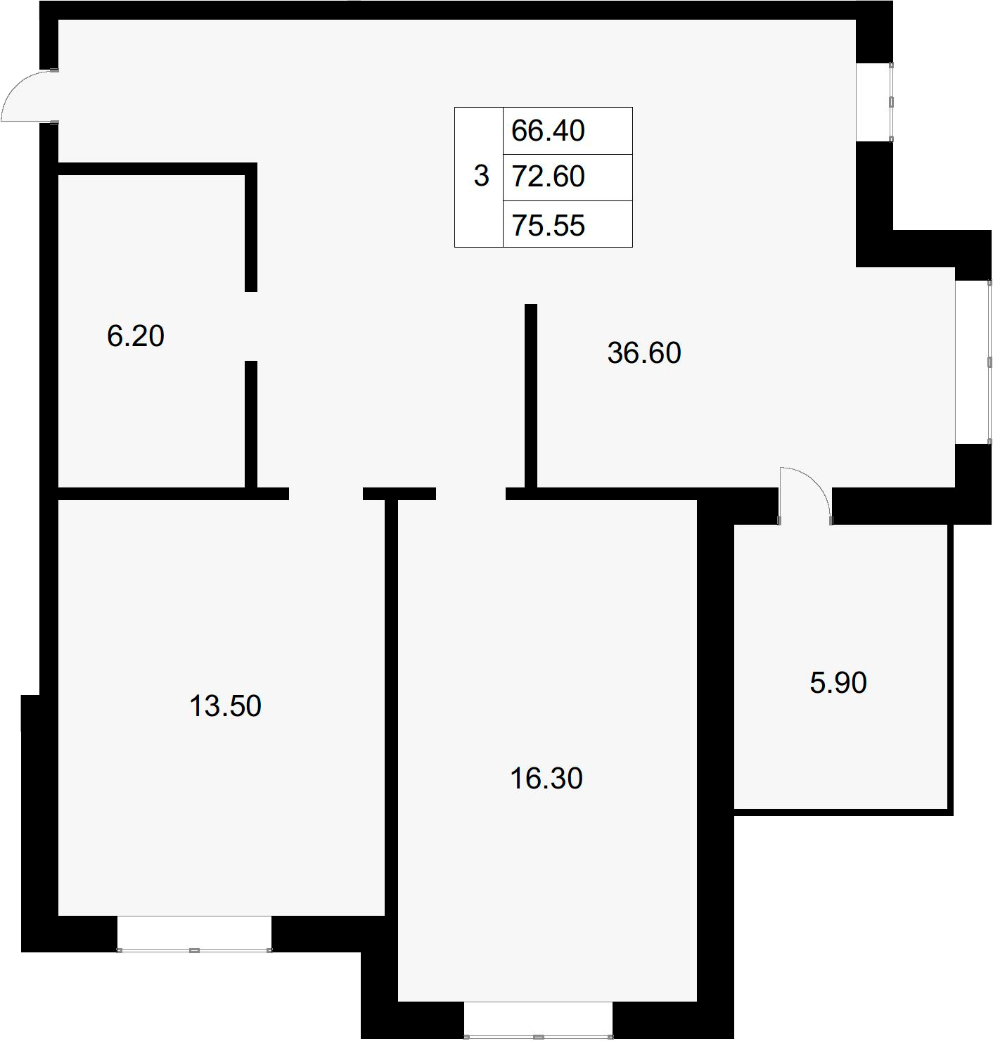 3-комн., 72.6 м², 3/3 этаж, ЖК «Золотой Город»