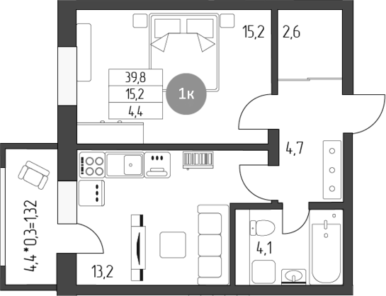 1-комн., 39.8 м², 3/5 этаж, ЖК «Лермонтов»
