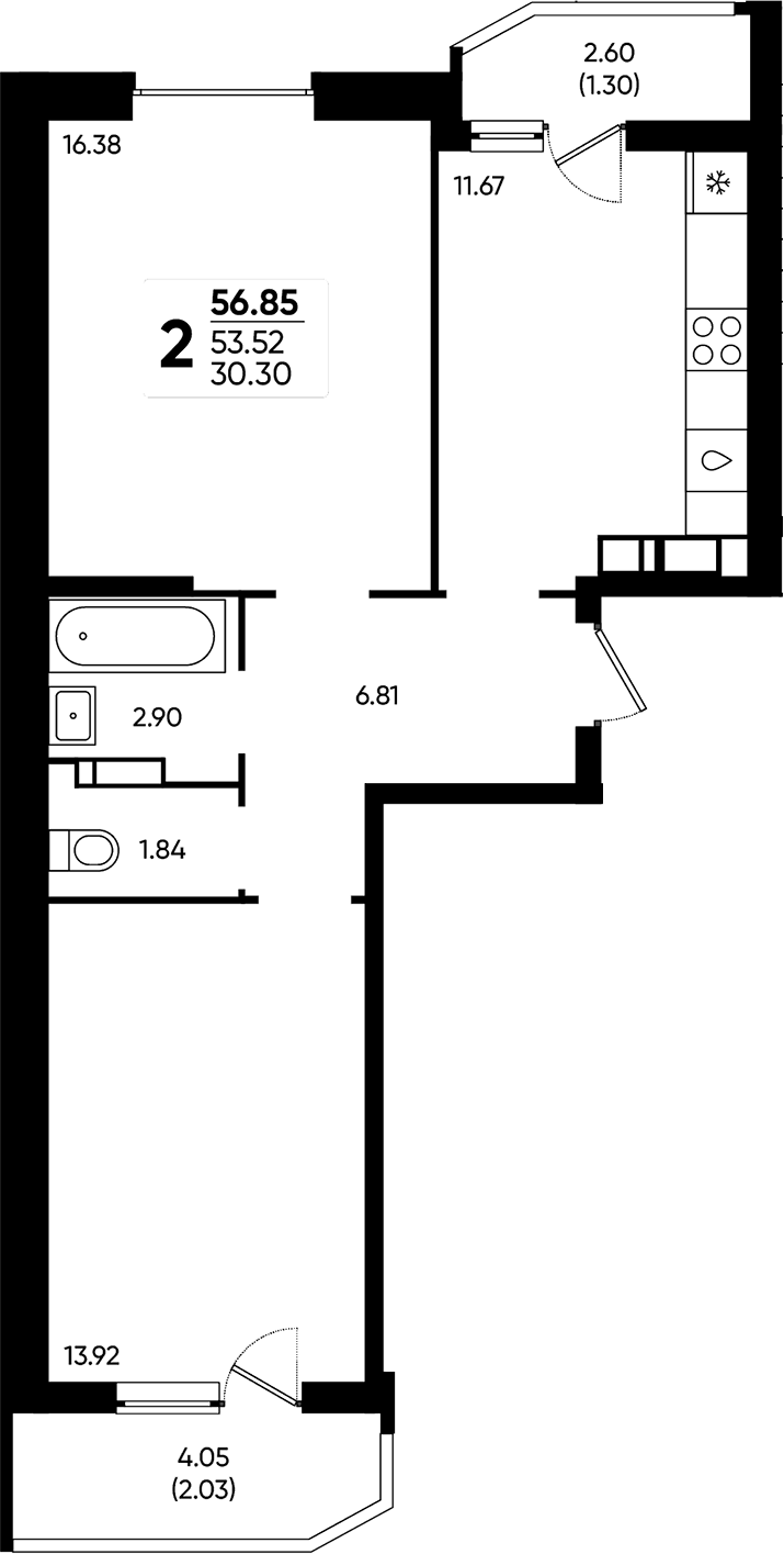 Продается 2-комн. квартира, 53.52 м²