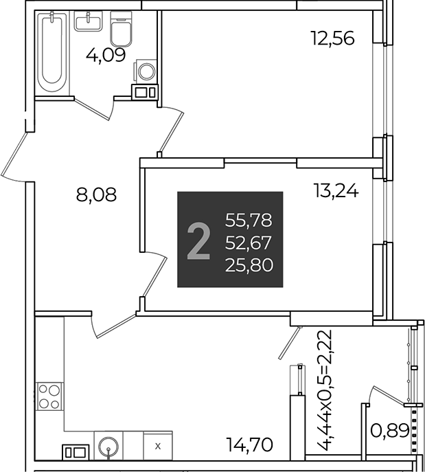 2-комн., 52.67 м², 5/21 этаж, ЖК «Образцово»