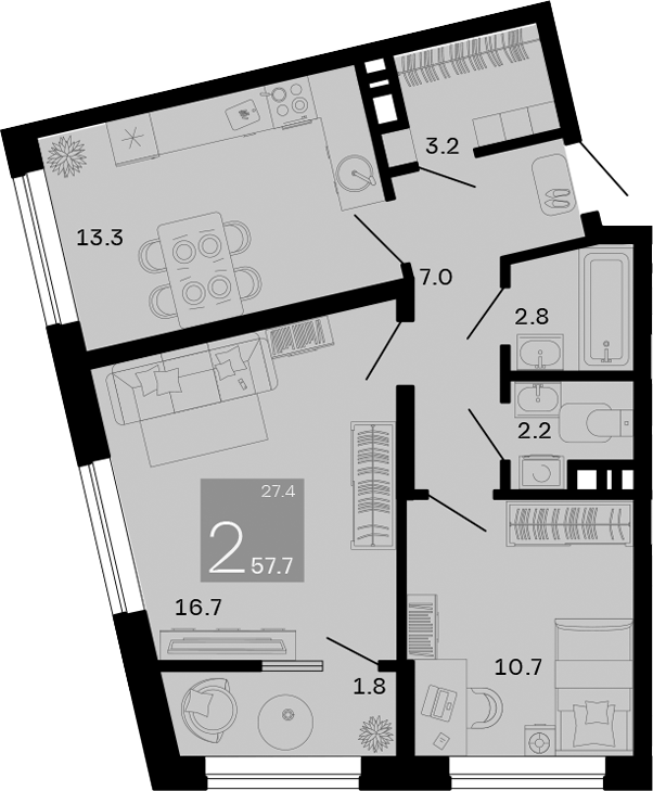 2-комн., 55.9 м², 3/9 этаж, ЖК «Хозяин Морей»