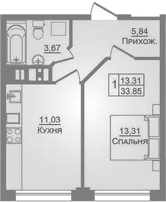 1-комн., 33.85 м², 3/9 этаж, ЖК «Портрет»
