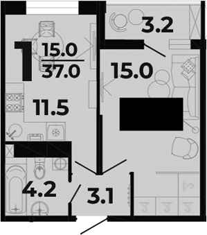 1-комн., 33.8 м², 1/8 этаж, ЖК «Горячий»
