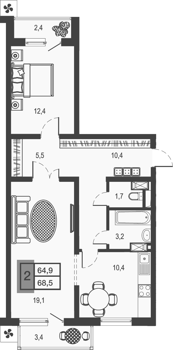 2-комн., 62.68 м², 21/21 этаж, ЖК «Дом у озера»
