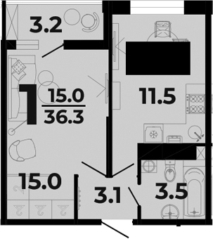 1-комн., 33.1 м², 4/8 этаж, ЖК «Горячий»