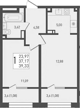 2-комн., 37.17 м², 2/9 этаж, ЖК «Югге»