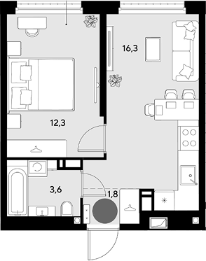 2-комн., 34 м², 16/18 этаж, ЖК «Грейд»