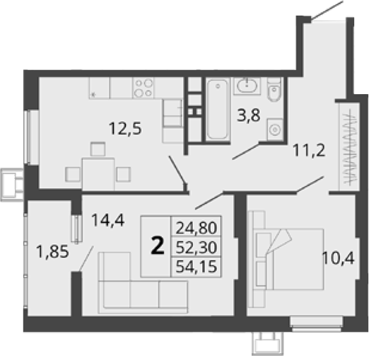 2-комн., 52.3 м², 2/18 этаж, ЖК «Родные Просторы»
