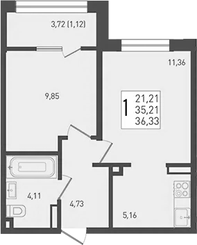 2-комн., 35.21 м², 6/9 этаж, ЖК «Югге»