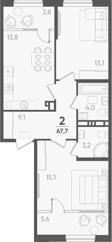 2-комн., 58.3 м², 6/9 этаж, ЖК «Барса»