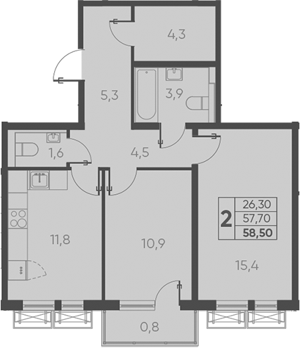 2-комн., 57.7 м², 3/24 этаж, ЖК «Барса»