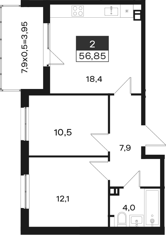 2-комн., 52.9 м², 2/4 этаж, ЖК «Новая Елизаветка»