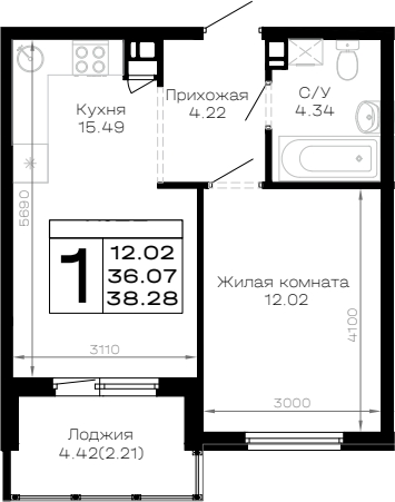 Продается 1-комн. квартира, 36.07 м²