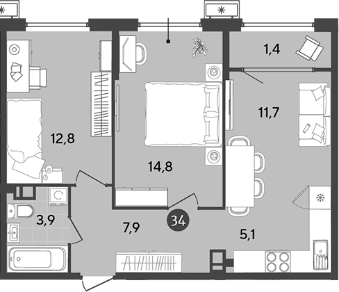 3-комн., 56.2 м², 6/18 этаж, ЖК «Порто-Ново»