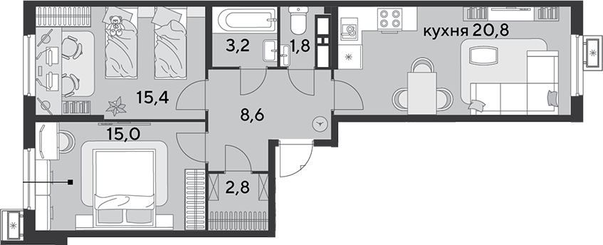 3-комн., 67.6 м², 11/18 этаж, ЖК «Парк Победы»