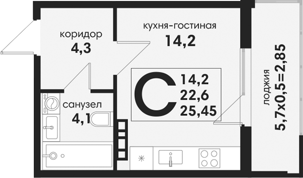 Студия, 22.6 м², 2/4 этаж, ЖК «Новая Елизаветка»