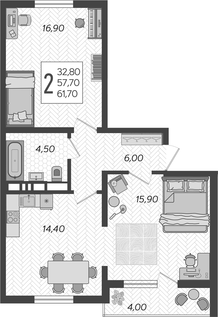 2-комн., 57.7 м², 8/10 этаж, ЖК «Горный квартал»