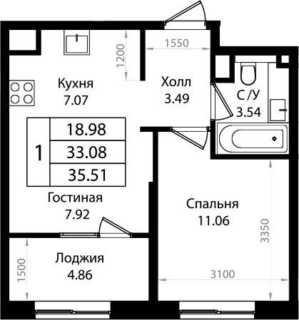 2-комн., 33.08 м², 2/9 этаж, ЖК «Патрики»