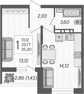 1-комн., 33.77 м², 7/16 этаж, ЖК «Смородина»