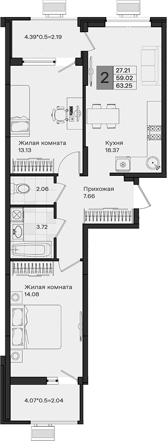 2-комн., 59.02 м², 2/8 этаж, ЖК «МОНО квартал»