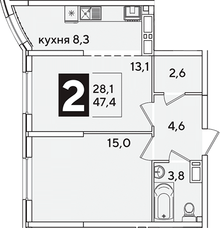 2-комн., 47.4 м², 13/16 этаж, ЖК «Самолет»