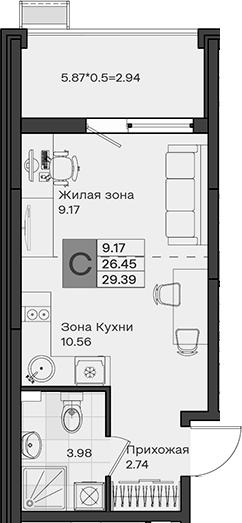 Студия, 26.45 м², 2/8 этаж, ЖК «МОНО квартал»