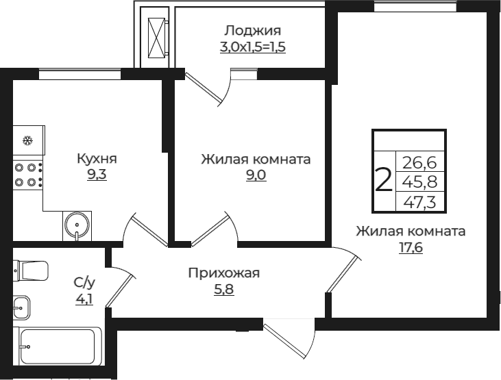 2-комн., 45.8 м², 1/7 этаж, ЖК «Европа-Сити»
