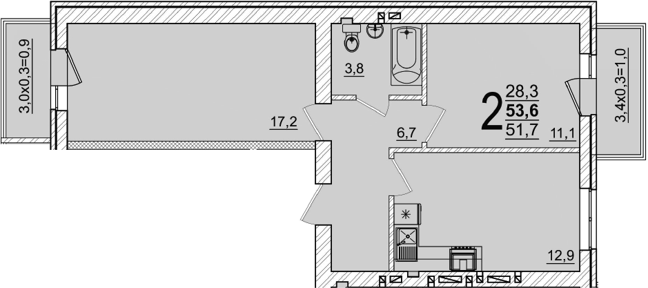 2-комн., 51.7 м², 4/5 этаж, ЖК «Дарград»