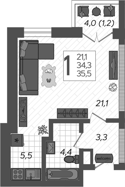 Студия, 34.3 м², 11/12 этаж, ЖК «Летний»
