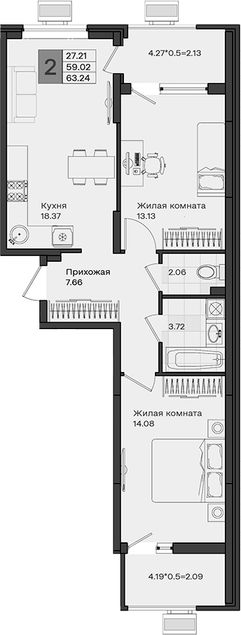 2-комн., 59.02 м², 2/8 этаж, ЖК «МОНО квартал»