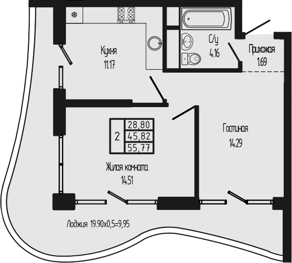 2-комн., 45.82 м², 10/12 этаж, ЖК «Sun Hills Ольгинка»